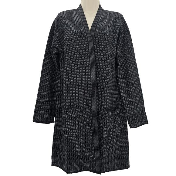 Fortune + Ivy Womans L Black Gray Duster Cardigan Sweater Open Front Pockets NEW - Picture 1 of 8